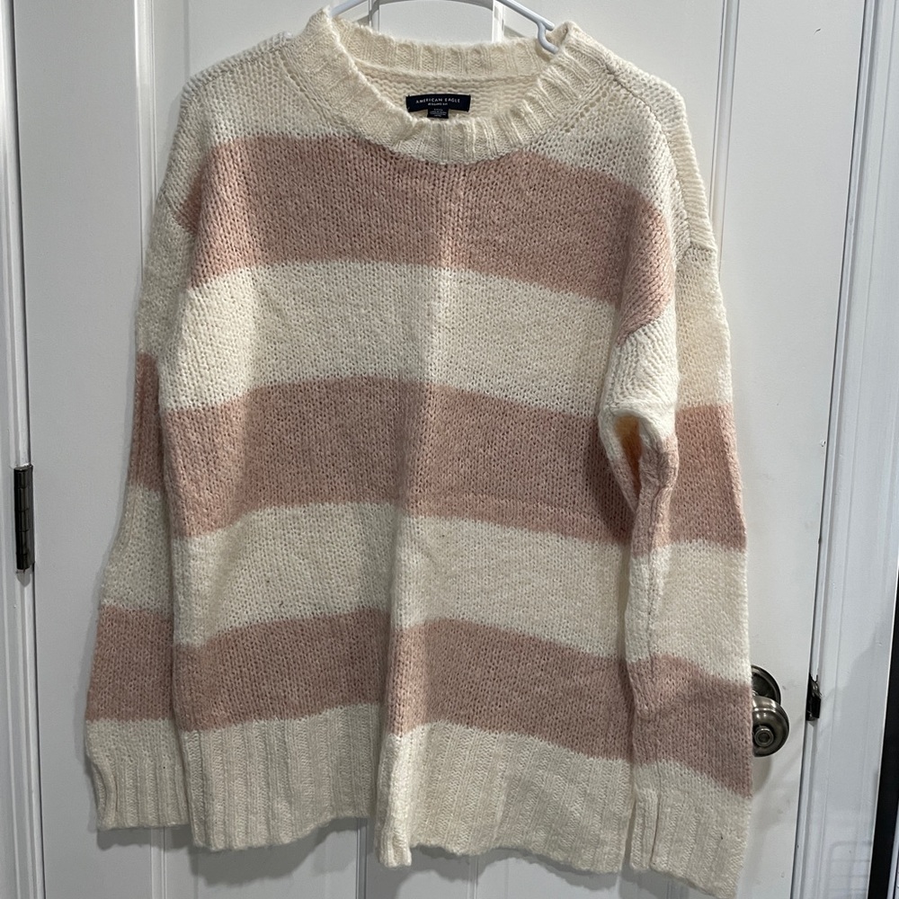 American Eagle Pink and White Striped Sweater